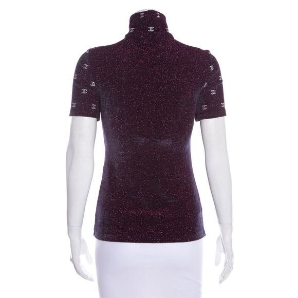 Chanel 20N Navy Blue Fuchsia Pink Silver Sequin CC Logo Stretch Top T Shirt 38 - Picture 14 of 16